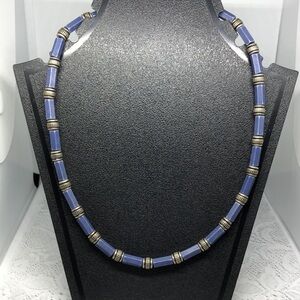 Vintage 90's antique silver tone blue ceramic beads necklace boho